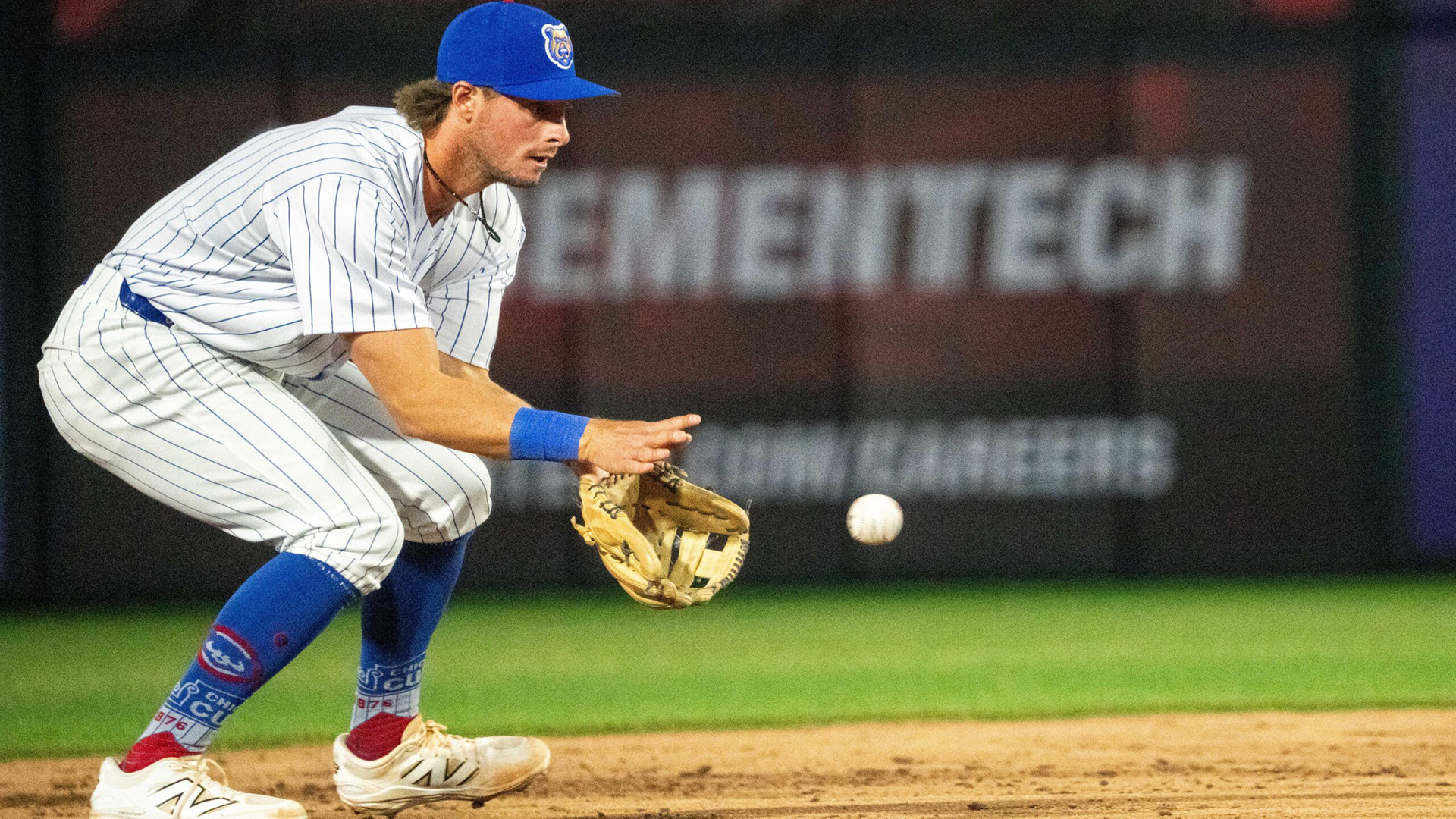 Iowa Cubs' Ben Cowles (8) catches a ball as it rolls second on Friday, March 28, 2025, at Principal Park in Des Moines.